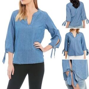 Michael Kors Chambray Boho Blouse 3/4 Tie Sleeve Split V-Neck Pull-On